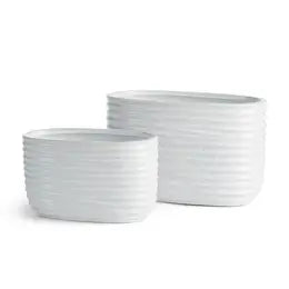 Oval White Cachepots, oblong, ribbed
