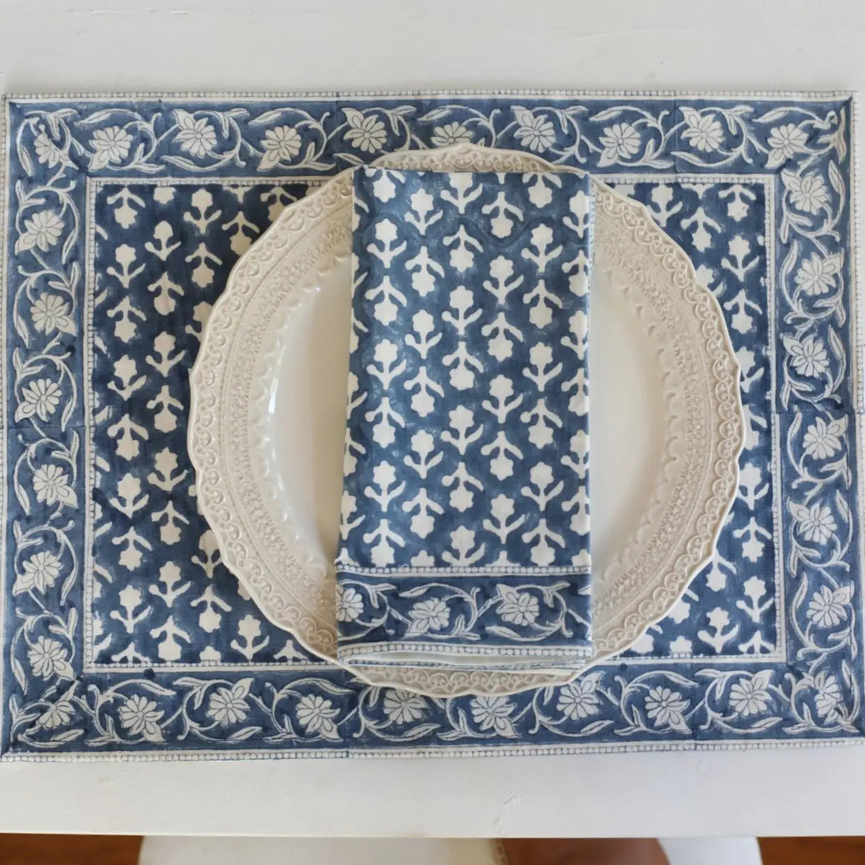 Indigo Charlotte Tablecloths, napkins and Place Mats