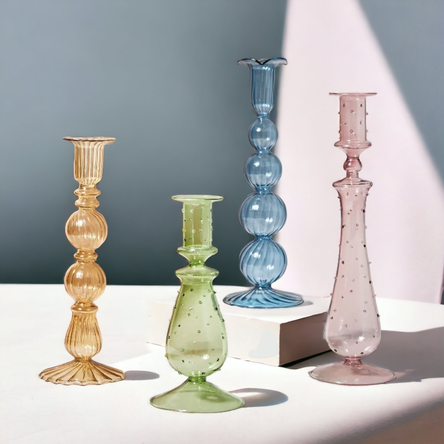 Artist Style Glass Candlestick Holder PAIR, candle stick