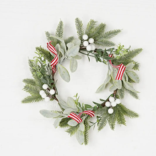 Flocked Lambs Ear Wreath with White Berries.