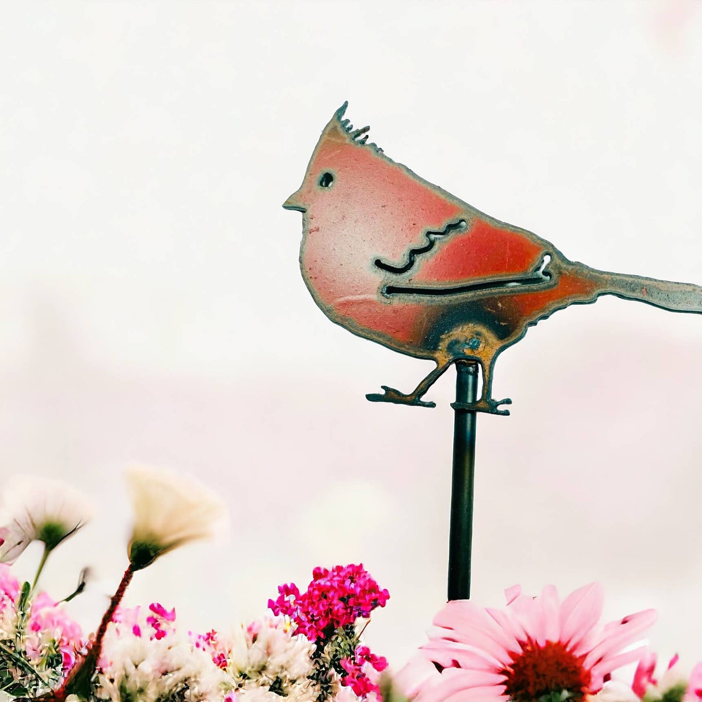 Bird Plant Stakes Cardinal Christmas Gardner recycled metal