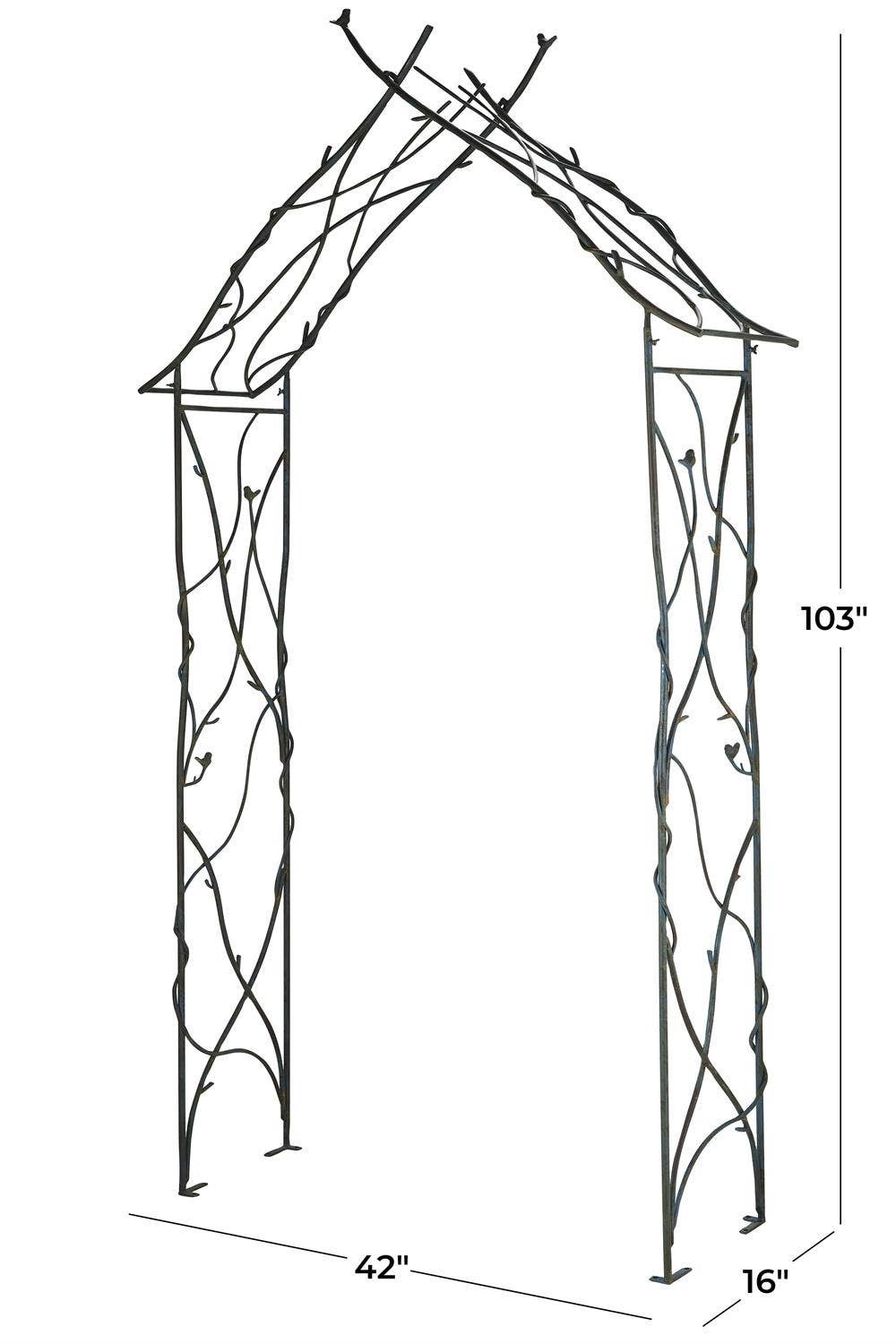 Metal Bird & Twig Garden Arch, arbor - 42" x 103" - GET 4 PINS IN RED BAG FROM LOWER RIGHT DRAWER OF DESK!!!