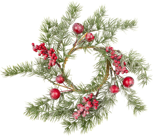 Frosted faux fir branch candle ring,multi size red berries