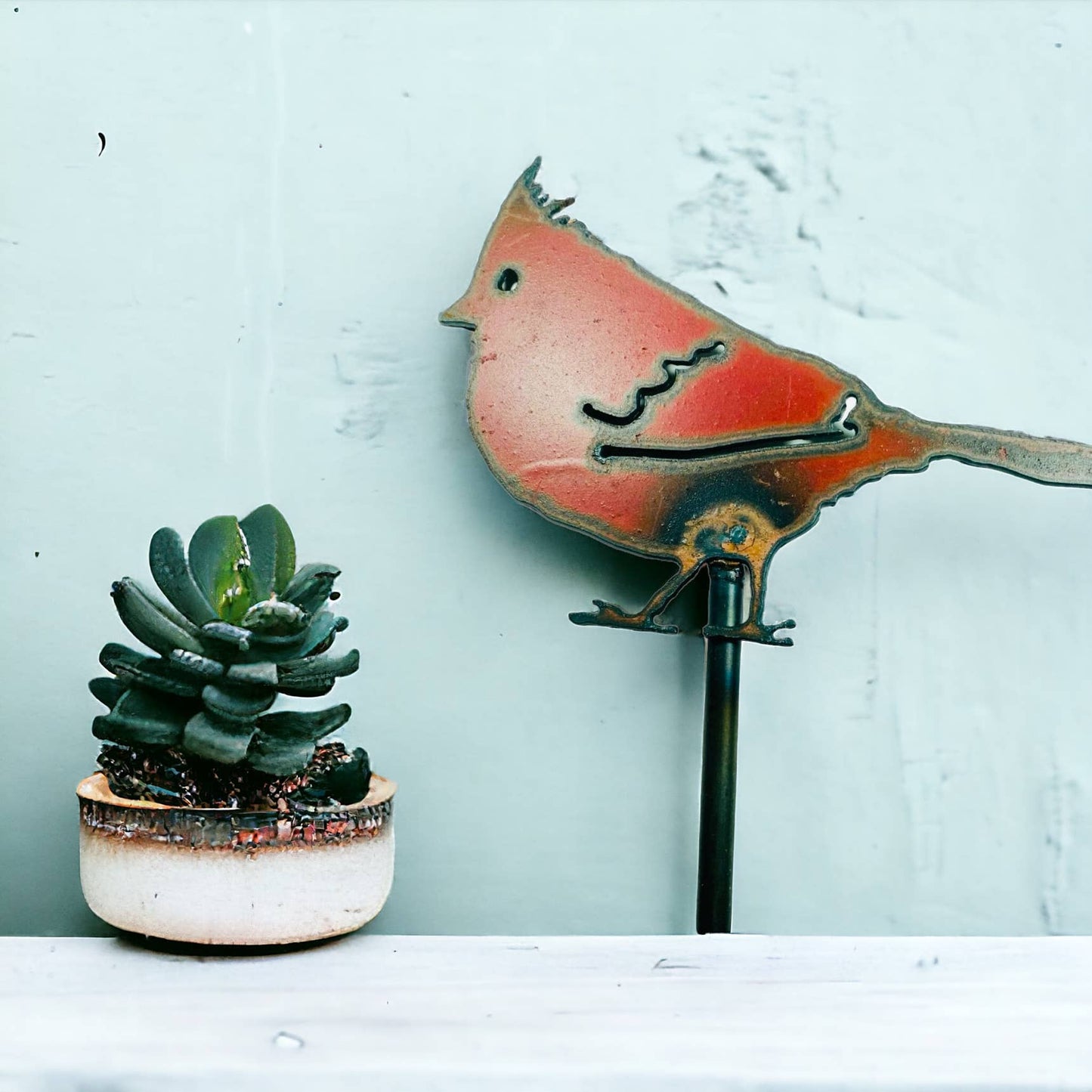 Bird Plant Stakes Cardinal Christmas Gardner recycled metal