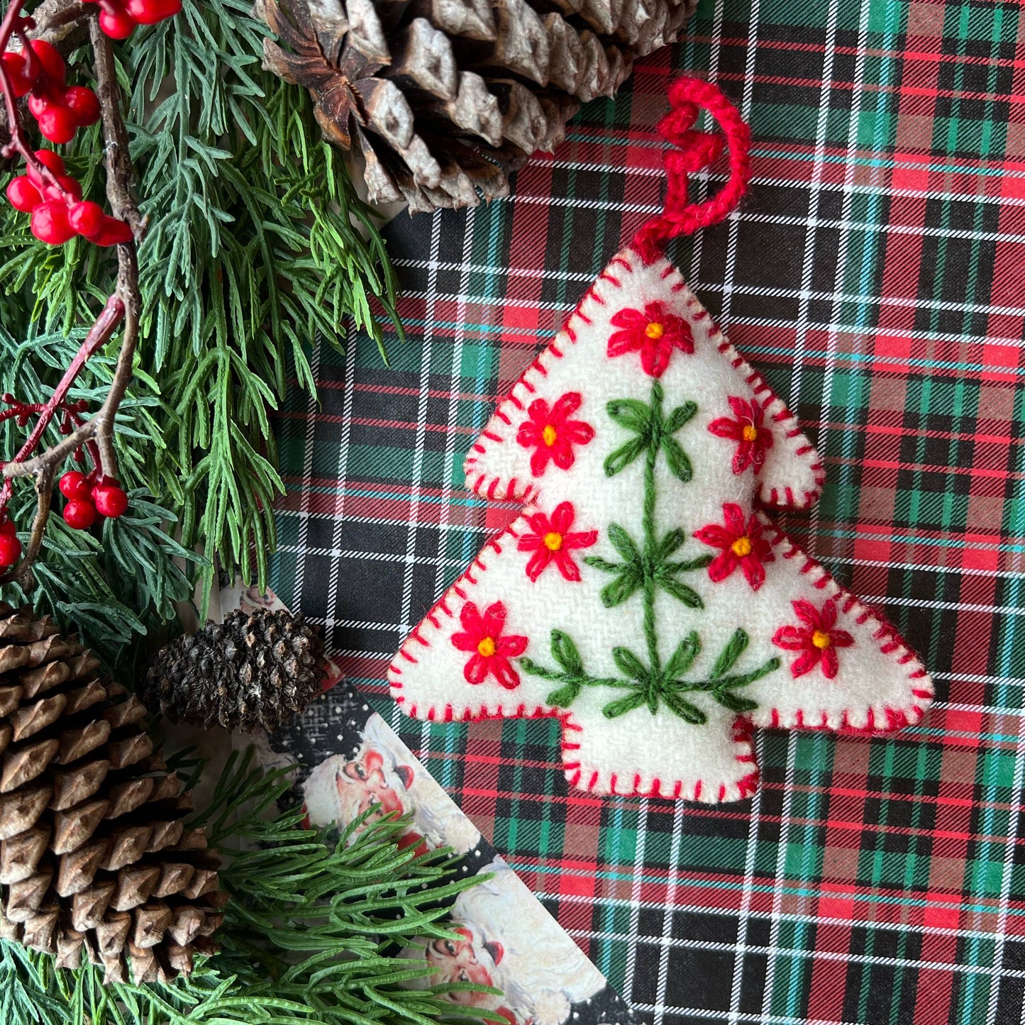 White Tree Embroidered Wool Christmas Ornament