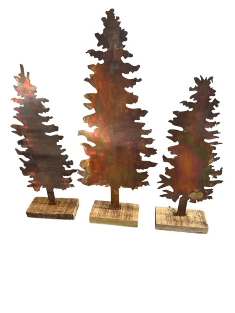 Metal Flame Finish Trees on a Wood Base