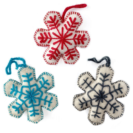 Snowflake Embroidered Wool Christmas Ornament, Solid Color