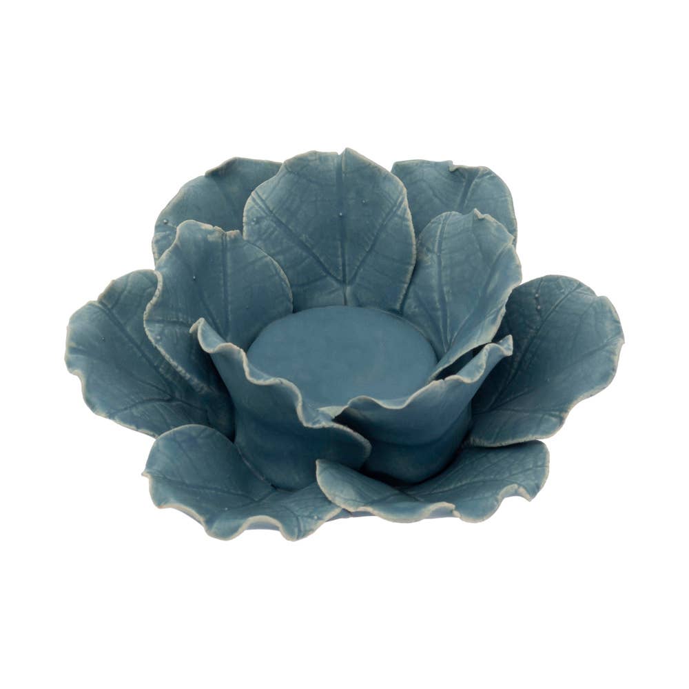 4.75" Dia Sky Blue Flower Stoneware Tealight Candle Holder