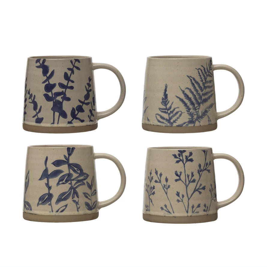 Botanical Hand Stamped Mug, Blue and White