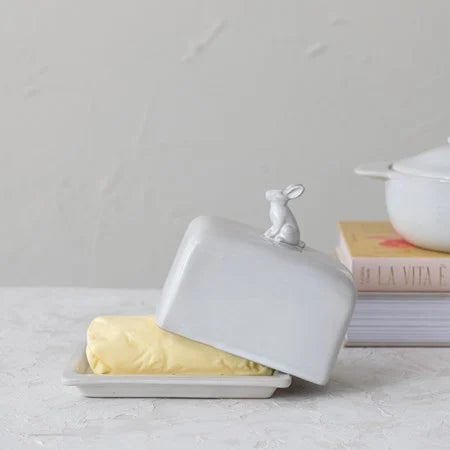 Stoneware Butter Dish With Rabbit Finial, bunny