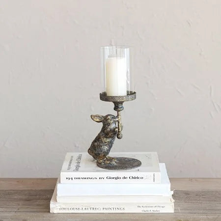 Metal Rabbit Candle Holder with Glass Hurricane, bunny