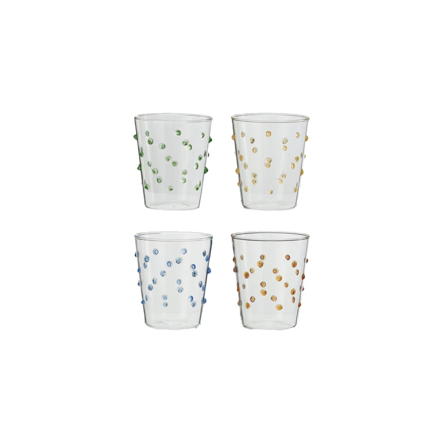Raised Dot Drinking Glasses, 4 colors in a set (blue, green, light amber, dark amber)