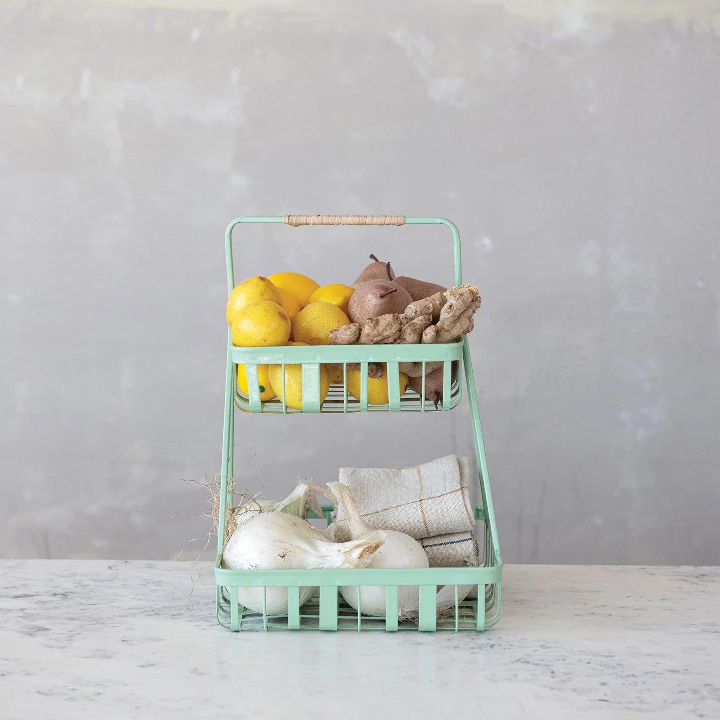 Two Tier Tray with Rattan Wrapped Handle,Spring Green