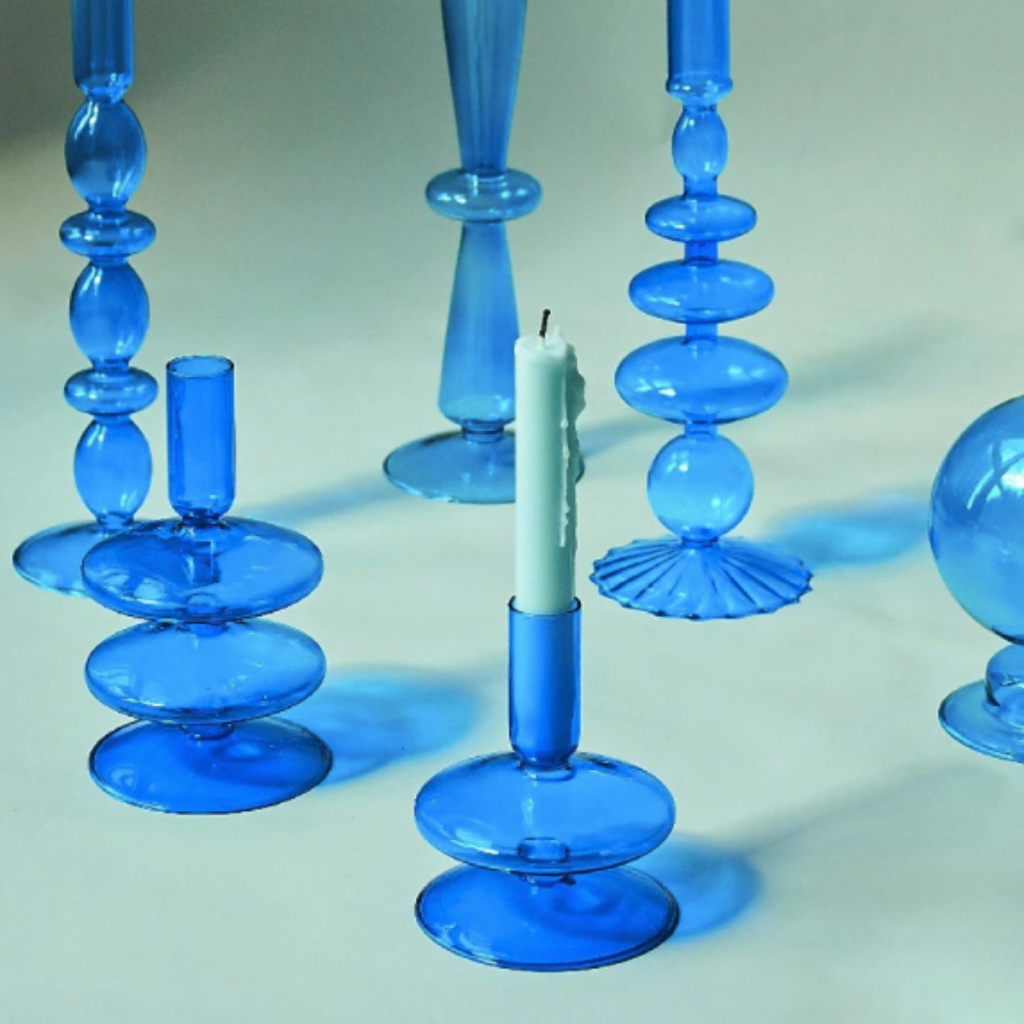 Light Blue Glass Candlestick Holder
