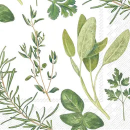 Paper Cocktail Napkins - herbs, Flower Party and green leaves on white