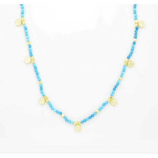 Blue Turquoise Beaded Gold Coin Necklace