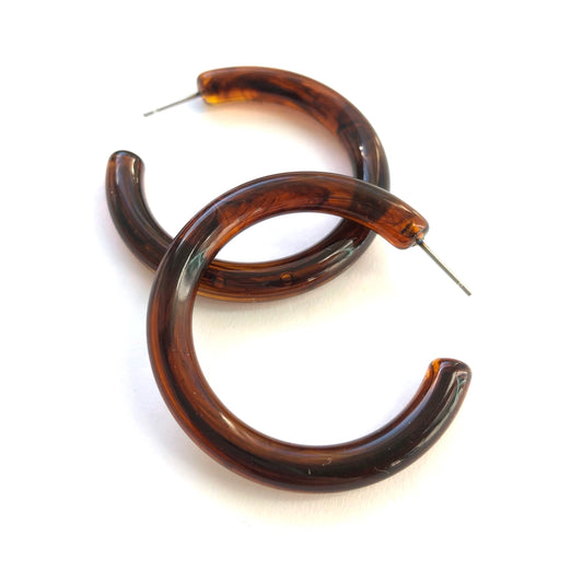 Tortoise Marbled Lucite Large Tube Hoop Earrings