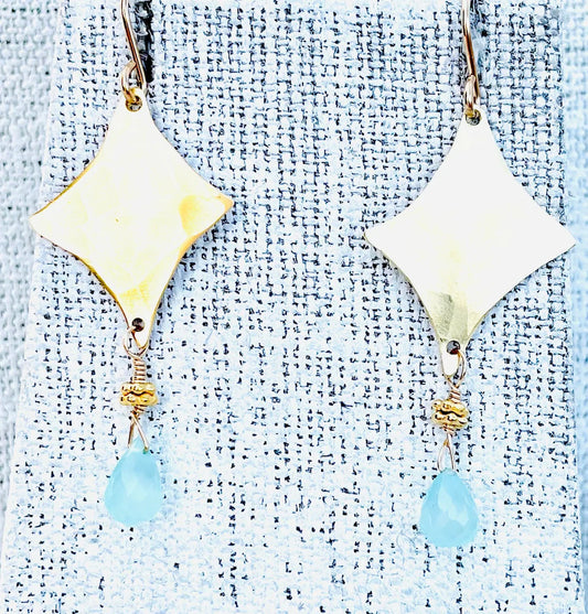 Diamond Shaped Chalcedony Earrings, gold