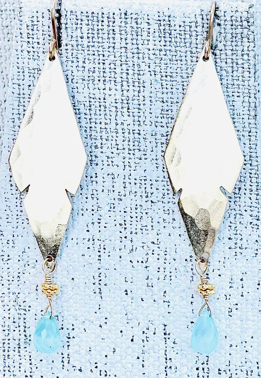 Feathered Hammered Earrings with Chalcedony, gold