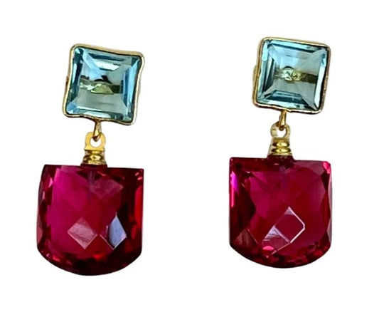 Newport Aqua Blue Quartz with a Deep Rose Rebullite Drop Earrings