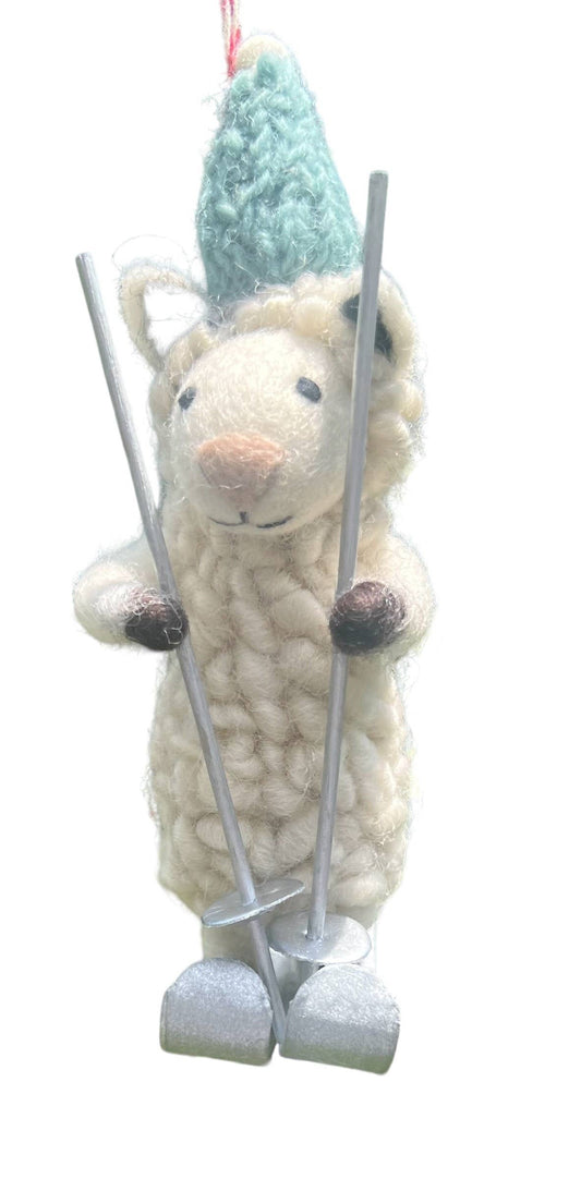 Felt ornament, sheep on ski
