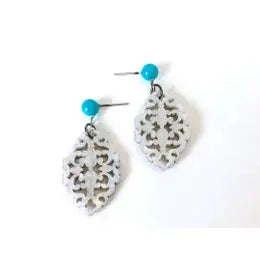 Turquoise and Gray Carved Earrings, grey