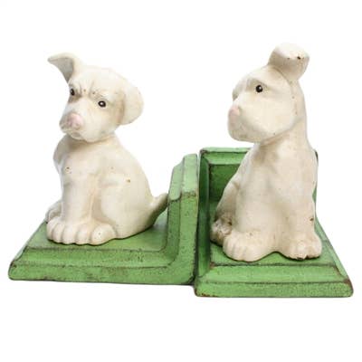 White Puppy Bookends - Cast Iron - White