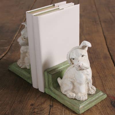 White Puppy Bookends - Cast Iron - White