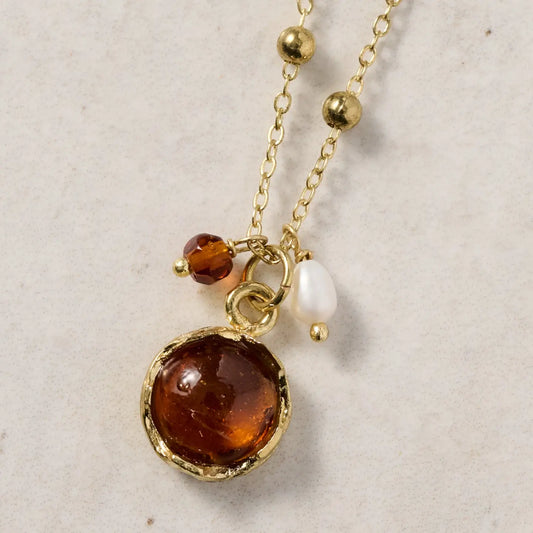 Amber Glass Bead and Pearl Nccklace