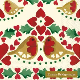 Swedish Cocktail Napkins with 2 Birds, Christmas, red, Emma Bridgewater