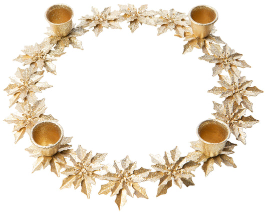 Gold glittered metal poinsettia taper candle ring