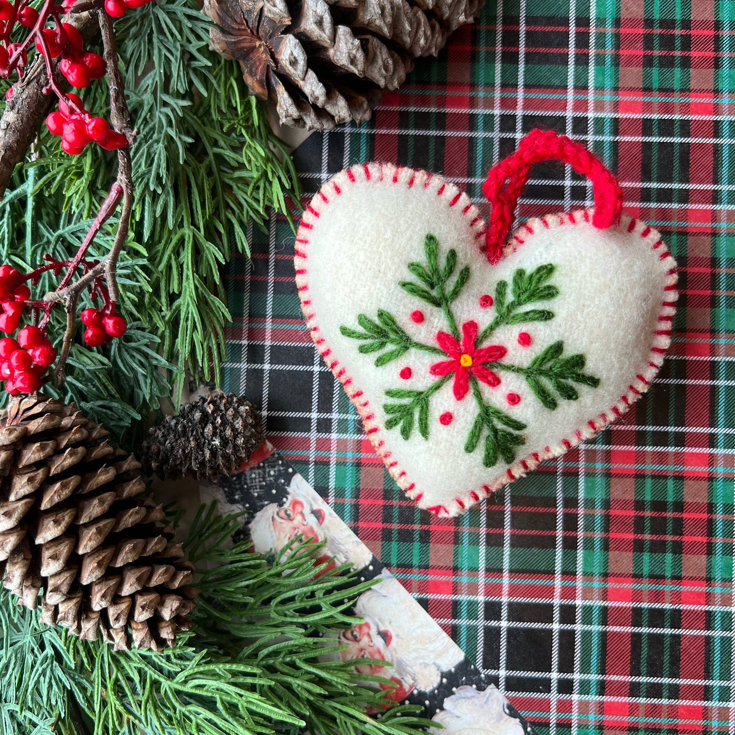 Heart Embroidered Wool Christmas Ornament