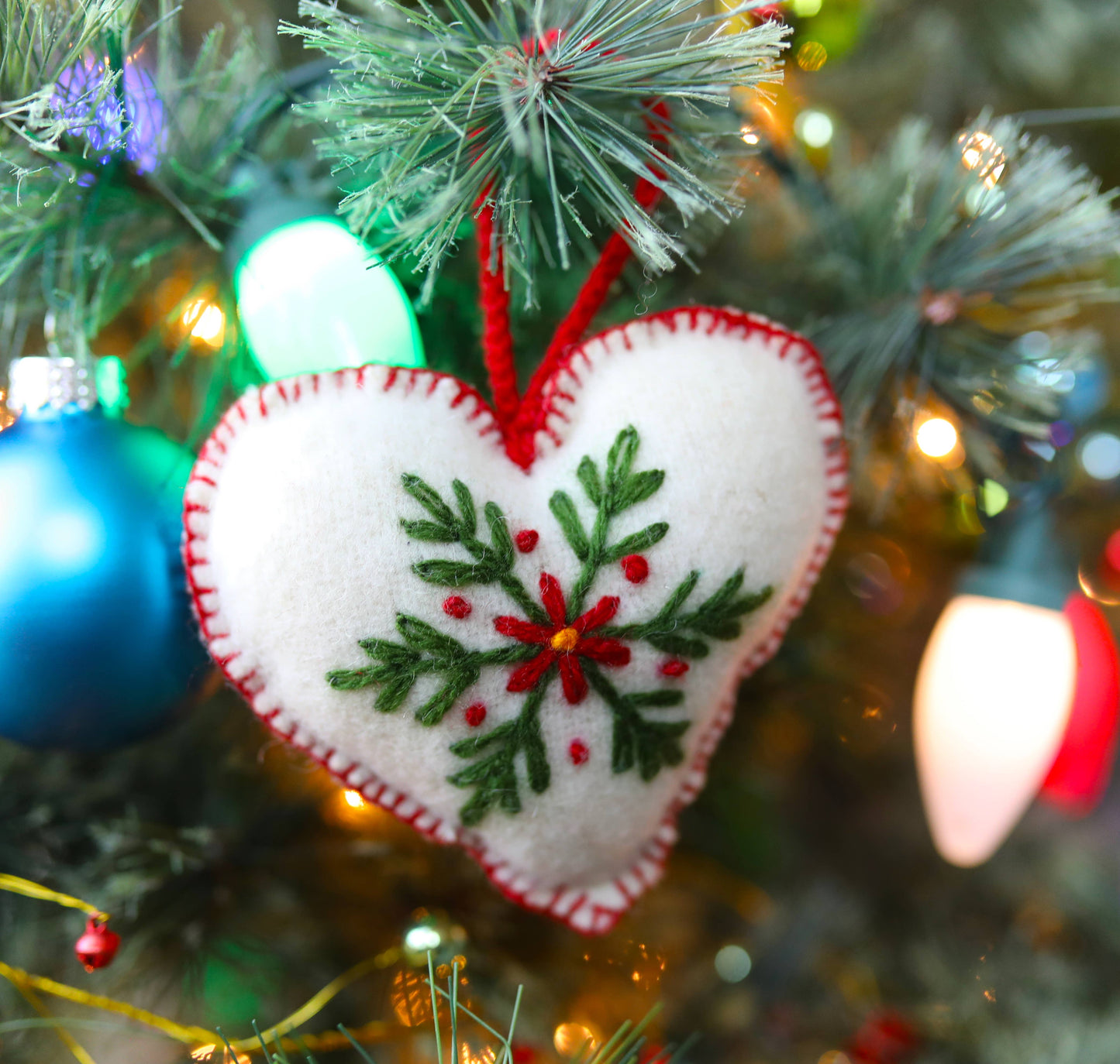 Heart Embroidered Wool Christmas Ornament