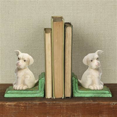 White Puppy Bookends - Cast Iron - White