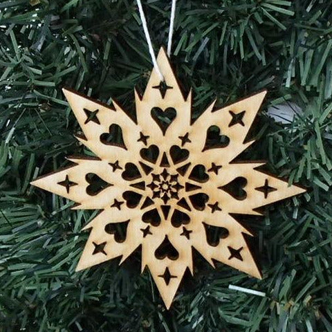 Star with Heart and Snowflake Wooden Ornaments