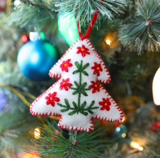 White Tree Embroidered Wool Christmas Ornament