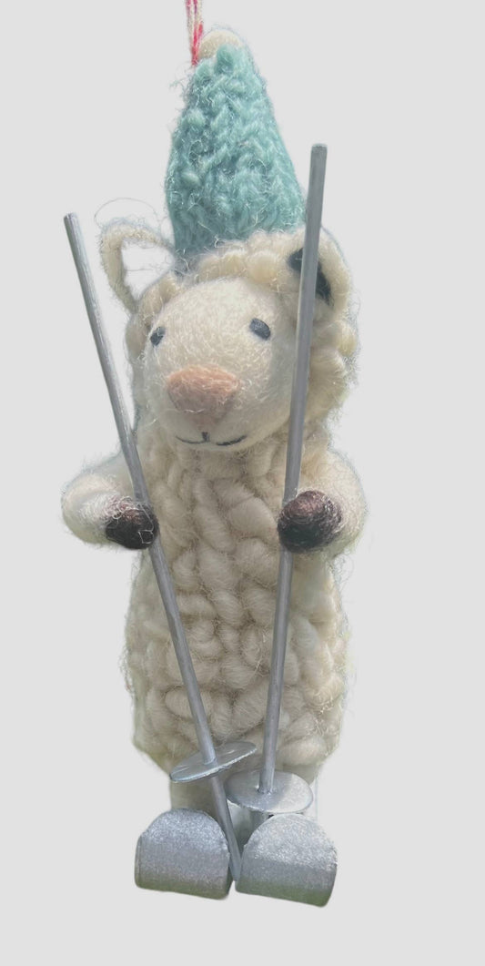 Felt ornament, sheep on ski