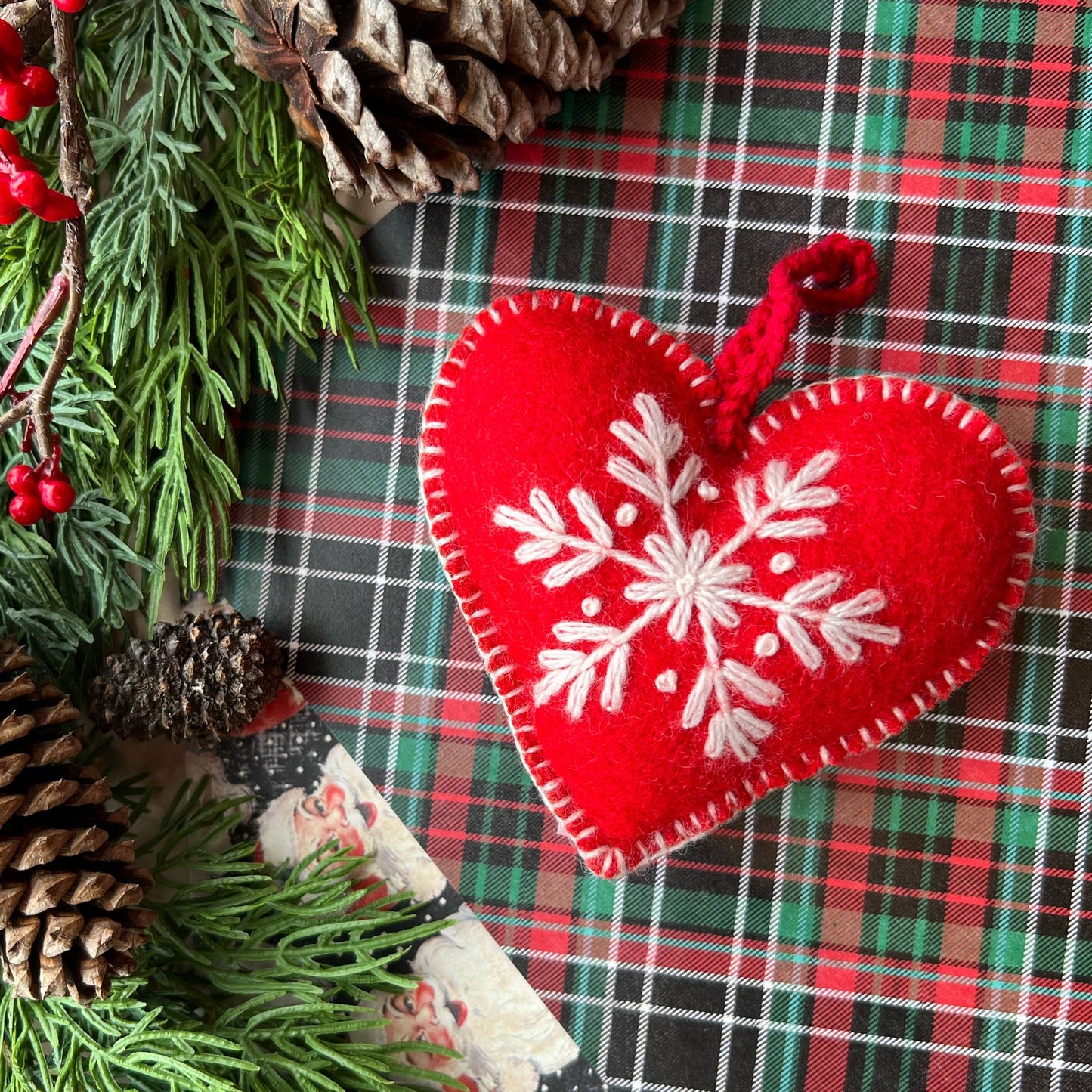 Heart Embroidered Wool Christmas Ornament