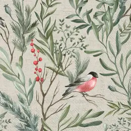 Cocktail Napkin, Bird with Red Berries