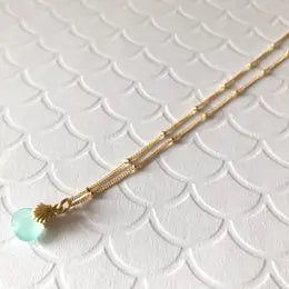 Gold Gemstone and Seashell Necklace - aqua chalcedony