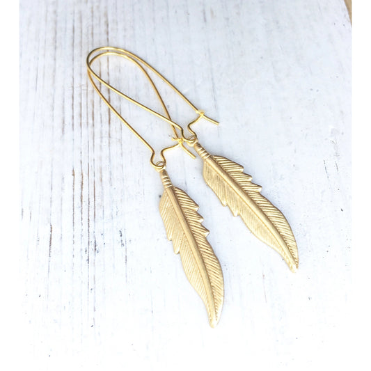 Long Gold Feather Earrings