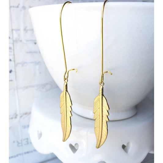 Long Gold Feather Earrings