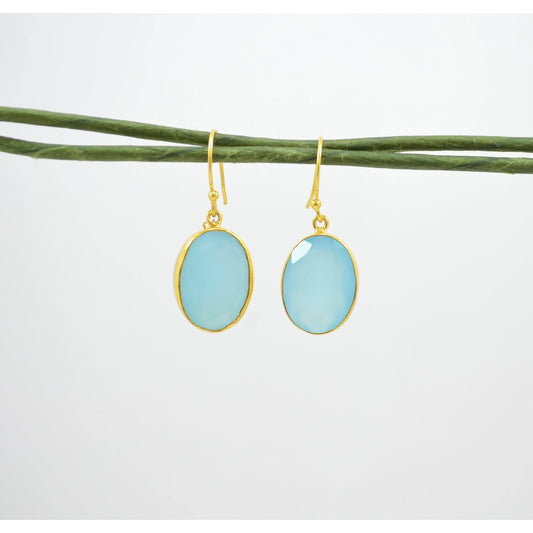 Oval Blue Chalcedony Gold Earrings Silver 925