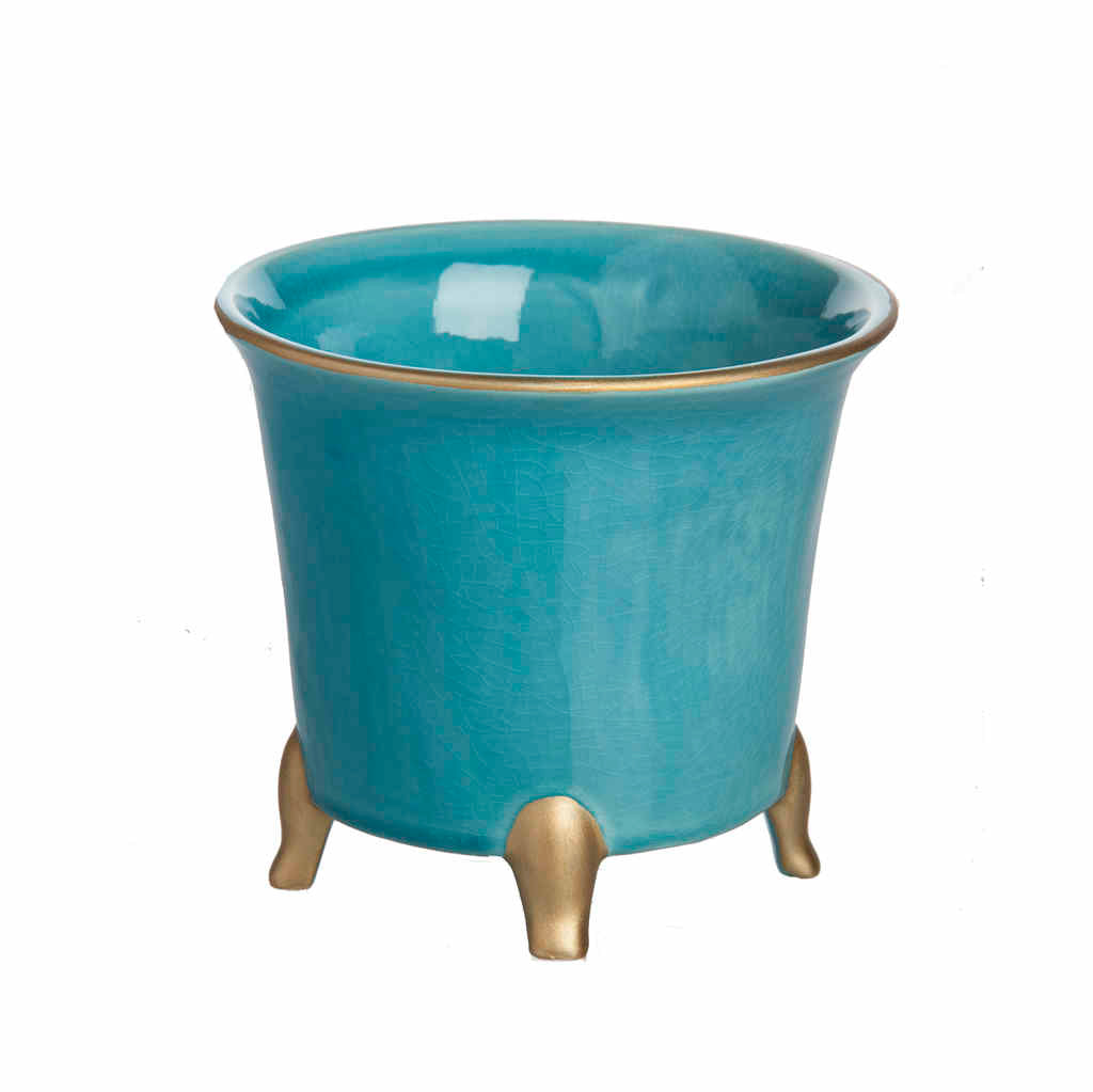 Cachepot, Round, Gold-Rimmed, White and Turquoise