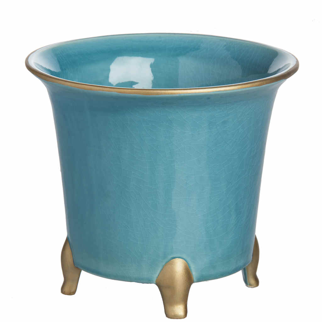 Cachepot, Round, Gold-Rimmed, White and Turquoise