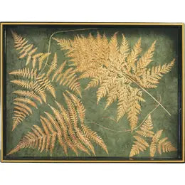 Lacquer serving Tray, Gilded Ferns, Green