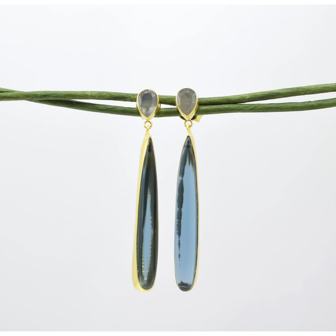 Teardrop Long Blue Lolite & Labradorite Gold Earrings