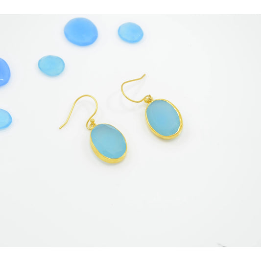 Oval Blue Chalcedony Gold Earrings Silver 925