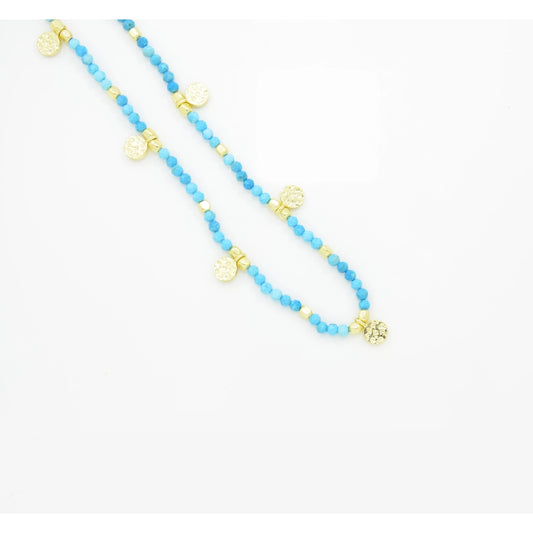 Blue Turquoise Beaded Gold Coin Necklace