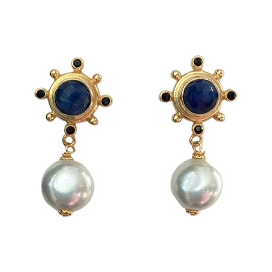 Clemintine Lapis  Star with a Pearl Drop Earrings